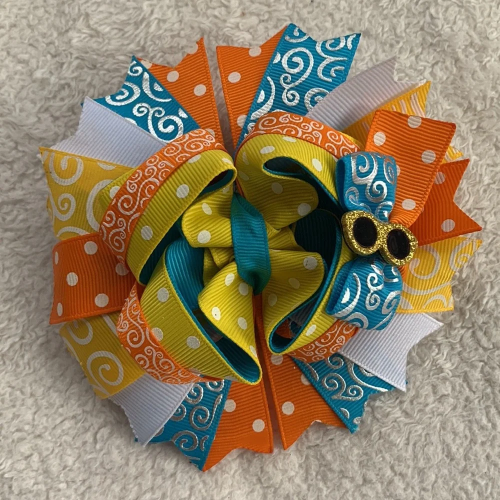 Big Sunshine Day Hairbow Bow OTT Custom Made Orange Yellow & Blue EUC